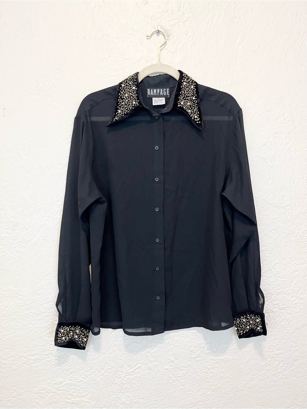 Vintage 90s Y2K Rampage Sheer Black Blouse Top Velvet Beaded Medium M